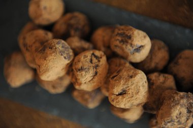 Çikolata truffles kakao serpilir. Ahşap arka plan kayrak tahtada. Yakın çekim, doku