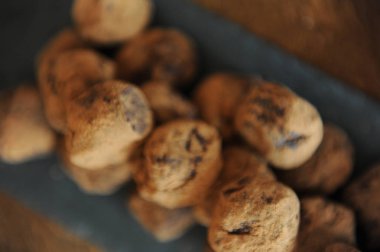 Chocolate truffles in cocoa sprinkled. On the slate board on wooden background. Close-up, texture. Blurred