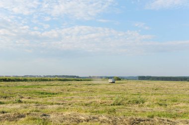 Yaz peyzaj alanı. Araba alana kadar gider. Mavi bulutlar gökyüzünde.