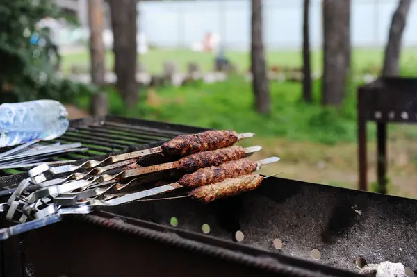 Kebab på spett på en kolgrill i fria — Stockfoto