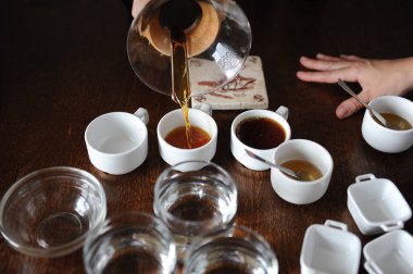 Kahve çukurluğu işlemidir. Kahve kupaları tatma içine dökülür