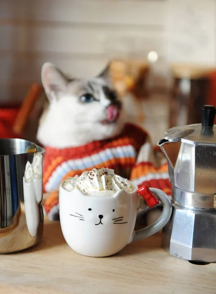 Белый голубоглазый кот в оранжевом полосатом свитере. Кофе со взбитыми сливками в чашке в виде кота на переднем плане — стоковое фото