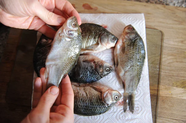 Pescado fresco crudo entero en tabla cortada. Carpa en manos del chef de cerca —  Fotos de Stock