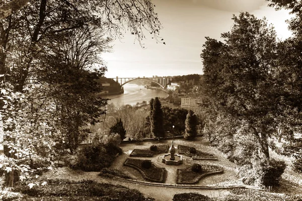 Autumn Park en Portugal. La vista del río Duero Fotografía en blanco y negro . Imagen De Stock