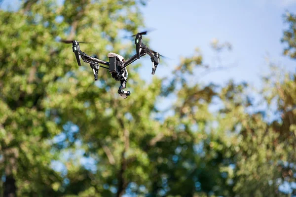 Repülő drone erdőben. Szelektív összpontosít — Stock Fotó
