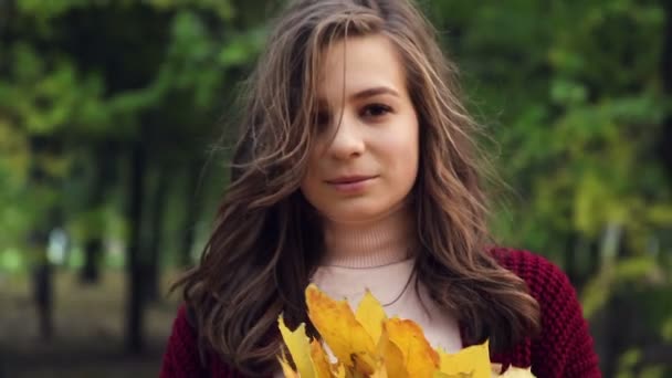 Bruneta s dlouhými vlasy, procházky v parku s kyticí javorové listy. — Stock video