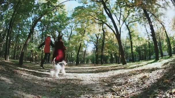 Jogging in the autumn forest. Two young girls and a dog fox terrier. — Stock Video
