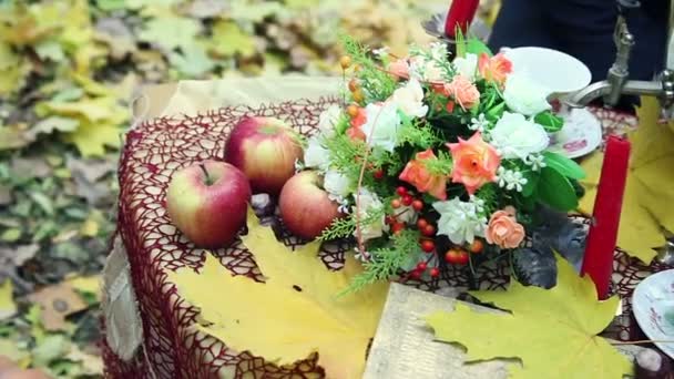 Tea table. Autumn landscape. — Stock Video