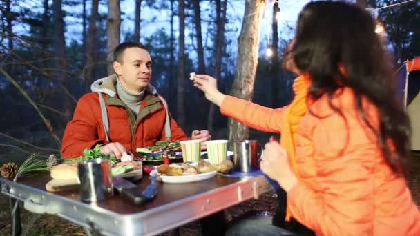 Picnic en el bosque de otoño por la noche. Una pareja amorosa cogida de la mano . — Vídeos de Stock