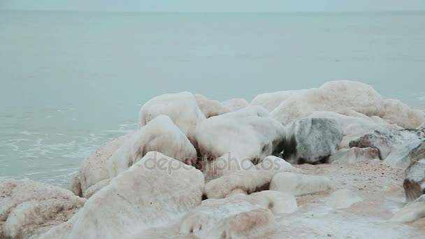 Природи і ландшафту Азовського моря. Камені покриті льодом і холодної хвилі моря. Серія. — стокове відео