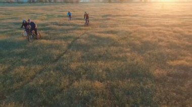 Genç insanlar Bisiklet yeşil ve sarı yaz çayır alan aracılığıyla Bisiklete binme