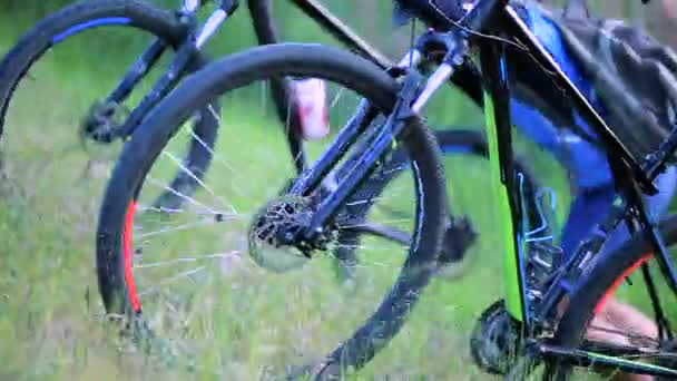 Ciclistas empurrando bicicletas para cima de uma colina — Vídeo de Stock