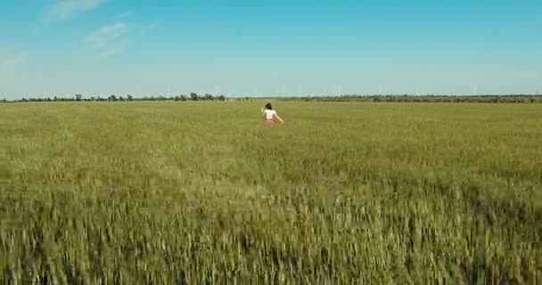Jeune femme courant à travers le champ de blé 