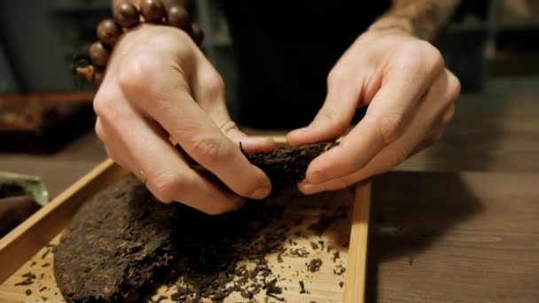 Man separates pieces of pressed tea briquettes closeup — Stock Video