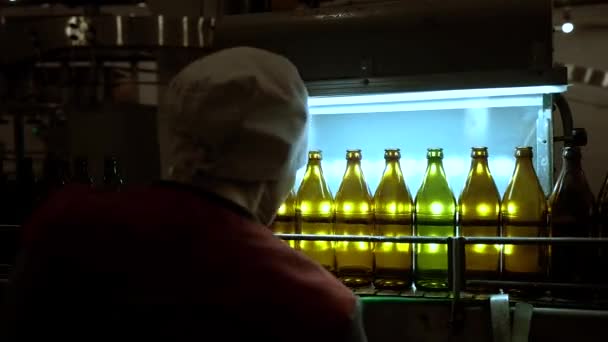 La donna controlla la qualità delle bottiglie di vetro in una birreria — Video Stock