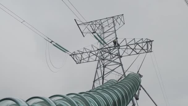 Trabalho de funcionários em torre e isolamento de vidro em primeiro plano — Vídeo de Stock