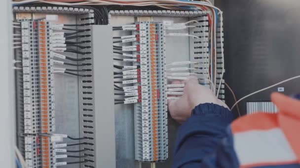 Instalación del cableado por un electricista en un armario eléctrico — Vídeos de Stock