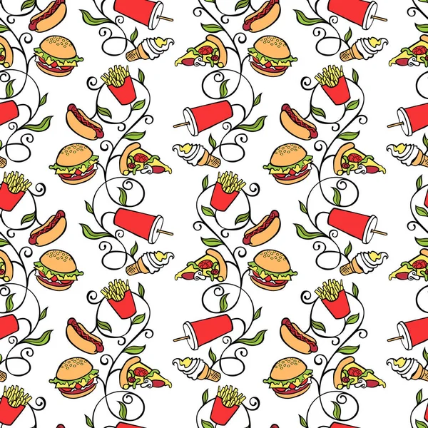 Fast food: hamburger, hot dog, milkshake, French fries and pizza slice. Seamless vector pattern (background).