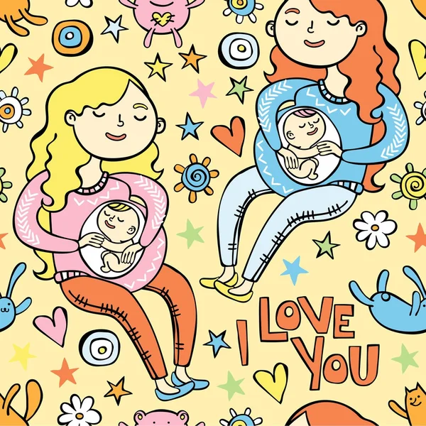 I love you. Pregnant girl. Future mom and her baby. Stuffed Toys. Hearts and stars. Seamless vector pattern (background). — Stock Vector