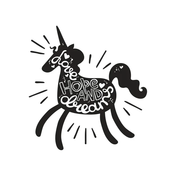 Amor esperanza y sueños. Letras. Silueta unicornio. Objeto vectorial aislado sobre fondo blanco . — Vector de stock