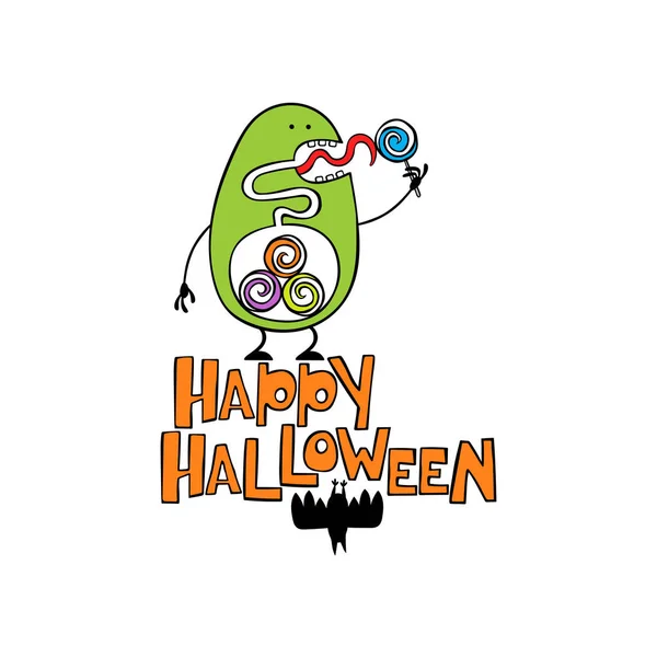 Vrolijke Halloween. Belettering. Monster eten snoep. Vleermuis. Geïsoleerde vectorobject op witte achtergrond. — Stockvector