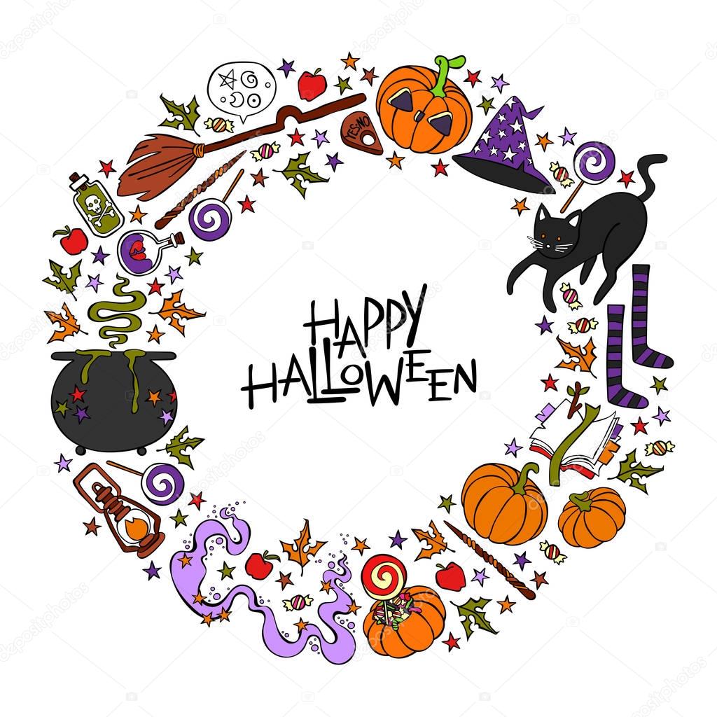 Happy Halloween. Lettering. Frame. Witch's pot, Halloween pumpkin, candy, autumn leaves. Isolated vector object on white background.