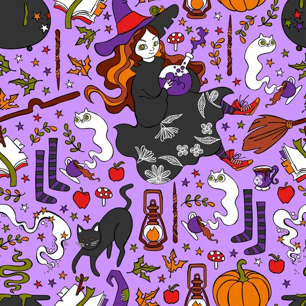 Witch. Autumn leaves. Halloween pumpkin. Star Print. Seamless vector pattern (background). — Stock Vector