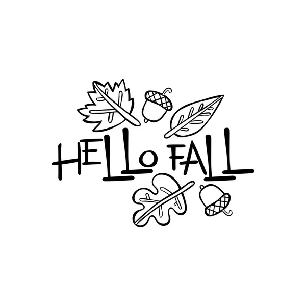Hello fall. Lettering. Autumn leaves and acorns. Isolated vector objects on white background. — Stock Vector