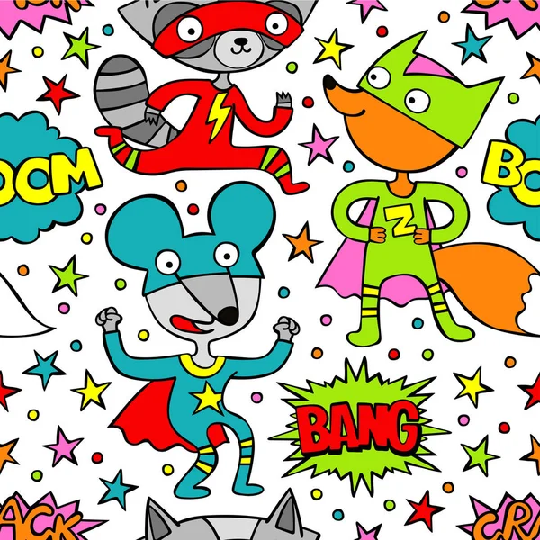 Superhéroes. Mapache, ratón y zorro. Dibujos animados. Patrón de vector sin costura (fondo ). — Archivo Imágenes Vectoriales