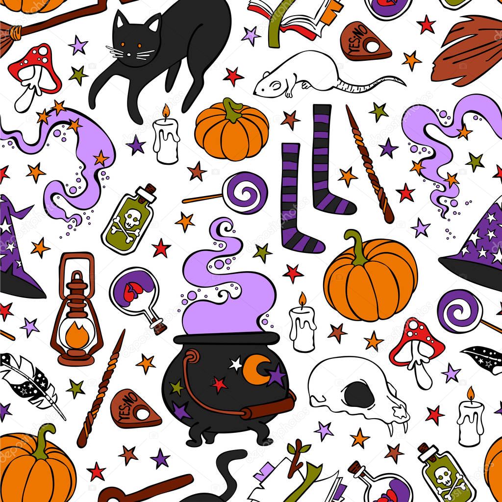 Witch set: broom, cauldron, hat. Black cat. Halloween pumpkin. Candies. Magic. Seamless vector pattern (background).