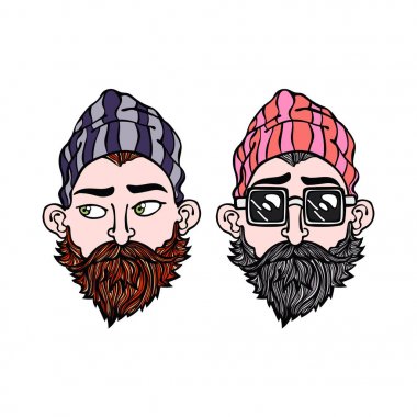 Hipsters. İki genç erkek. Gözlük. Sakal. Beyaz arka plan üzerinde izole vektör nesneleri.