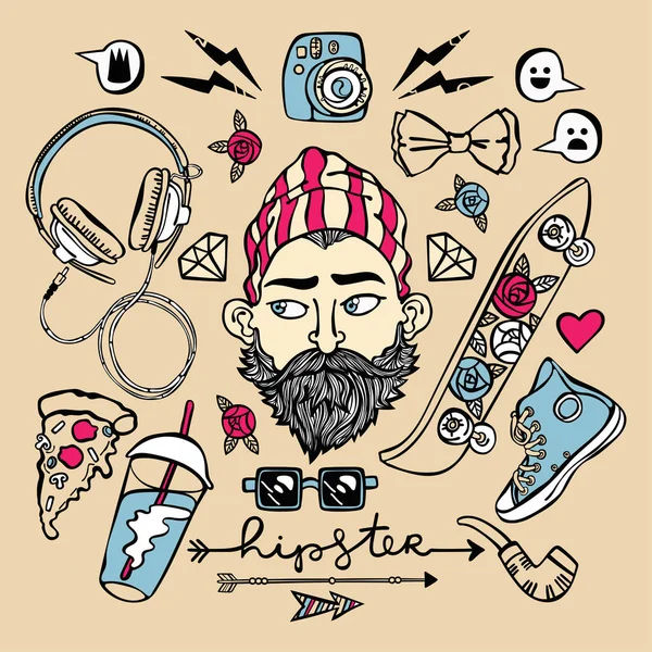 Set Hipster. Joven, auriculares, zapatillas, gafas, rebanada de pizza. Objetos vectoriales aislados . — Vector de stock