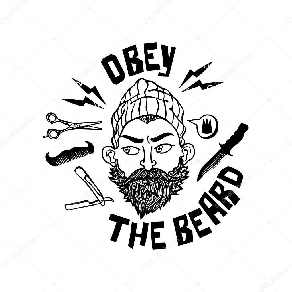 Obey the beard. Lettering. Young man with beard. Straight razor, scissors, comb. Isolated vector objects on white background.