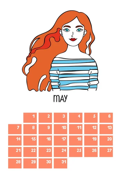 May. Calendario. Un mese. Bella ragazza. Oggetti vettoriali isolati su sfondo bianco . — Vettoriale Stock