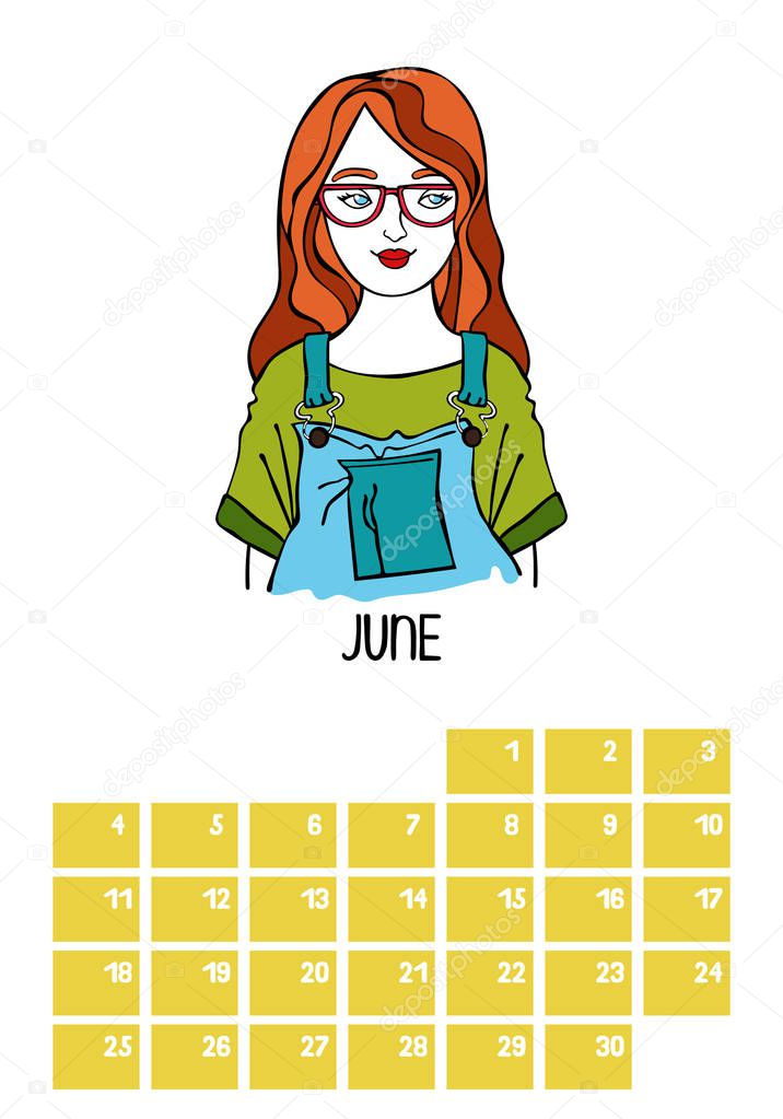 June. Calendar. Month. Beautiful girl. Isolated vector objects on white background.