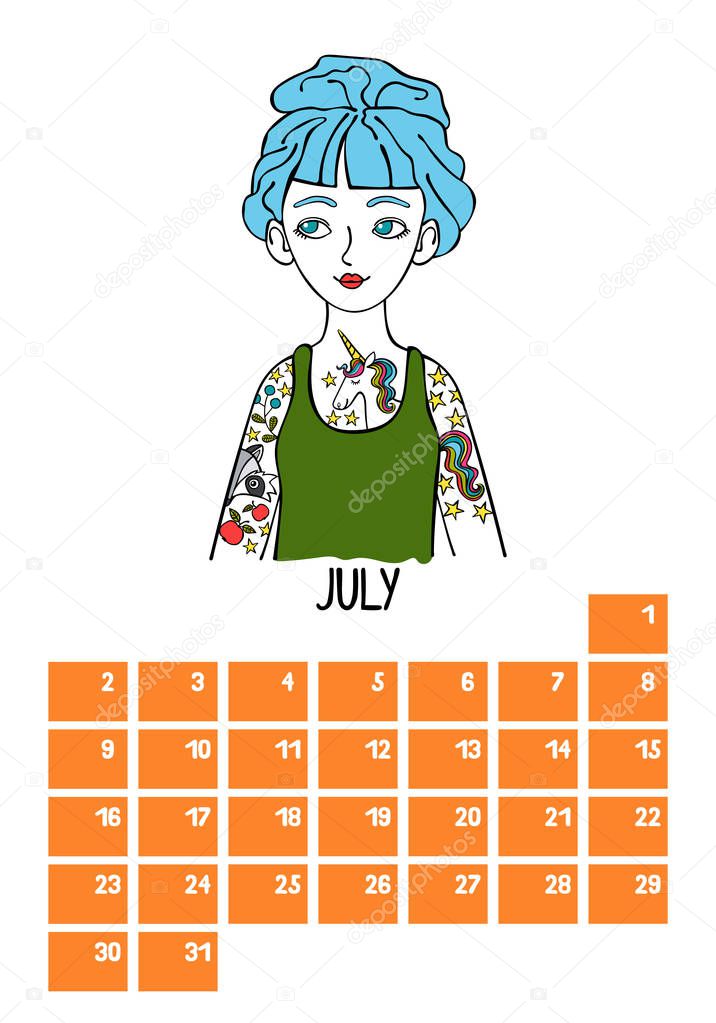 July. Calendar. Month. Beautiful girl. Isolated vector objects on white background.