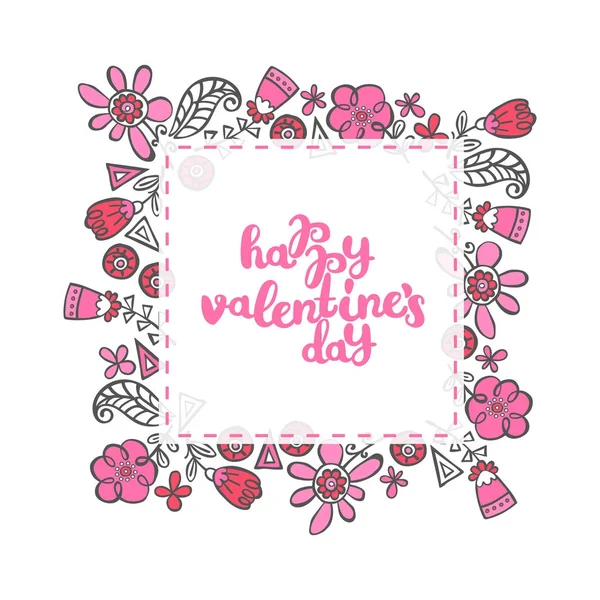 Happy Valentine Day Lettering Frame Flowers Isolated Vector Object White — Stock Vector