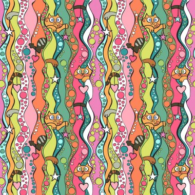 Arka plan sorunsuz. Dalgalar ve daireler. Kediler, yıldız, kalpleri. Çok renkli desen.