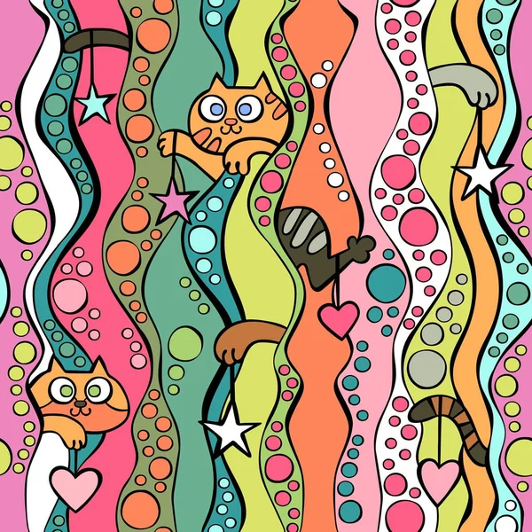 Abstract seamless background. Waves and circles. Cats, stars, hearts. Multicolored pattern.