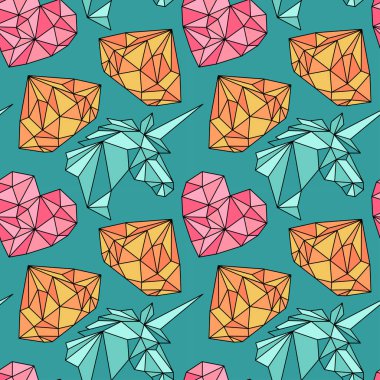 Şekiller: unicorn, kalp, elmas. Sorunsuz vektör desen (arka plan).