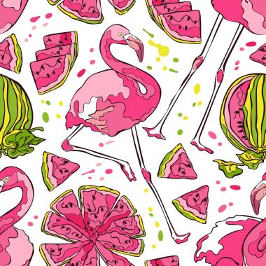 Flamingo ve karpuz. Sorunsuz vektör desen (arka plan).