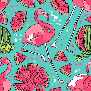 Flamingo ve karpuz. Sorunsuz vektör desen (arka plan).