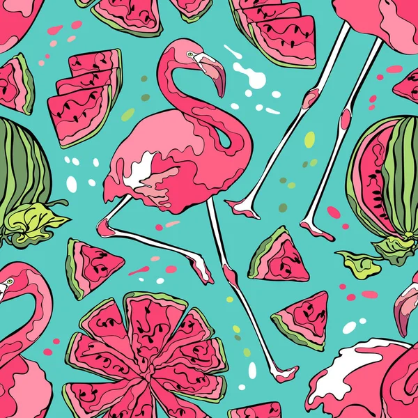 Flamingo Und Wassermelone Nahtlose Vektormuster Hintergrund — Stockvektor