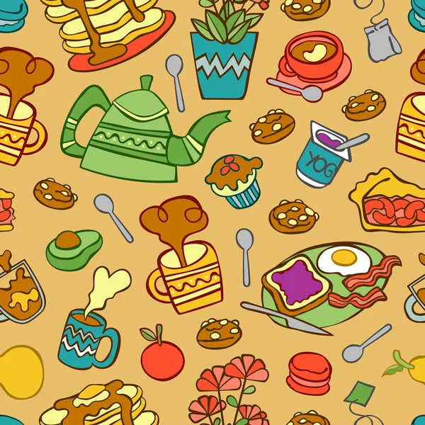 Food, tea and coffee. Bakery products. Fruit. Seamless vector pattern (background).