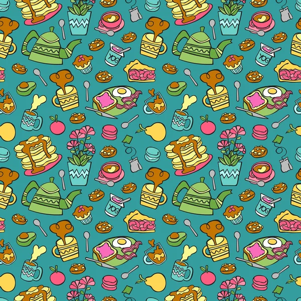 Food, tea and coffee. Bakery products. Fruit. Seamless vector pattern (background).