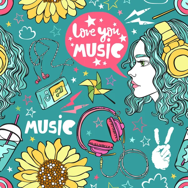 Amo Música Hermosa Chica Auriculares Flores Dulces Nubes Estrellas Patrón — Vector de stock