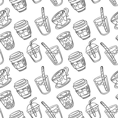 İçkiler. Sevimli karakterler. Kusursuz vektör deseni (arkaplan). Çizgi film baskısı.