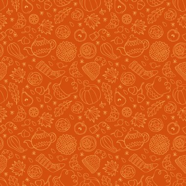 Sonbahar baskısı. Sıcak içecekler: Çay ve kahve. Pasta, çörek ve kruvasan. Sonbahar yaprakları ve meşe palamudu. Örgü, şapka ve çorap. Balkabağım. Kusursuz vektör deseni (arkaplan).