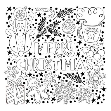 Mutlu noeller. Tatil kartı. Noel geyiği. Zencefilli karaciğer, kızıl adam. Kar taneleri. Sıcak içecekler, kakao. Çizgili şeker - lolipop. Yıldızlar. Çizgi film baskısı. Siyah beyaz çizim. Çizimler.