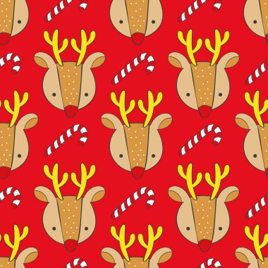 Noel geyiği. Sevimli hayvanlar. Çizgili şeker - lolipop. Çizgi film baskısı. Kusursuz vektör deseni (arkaplan).